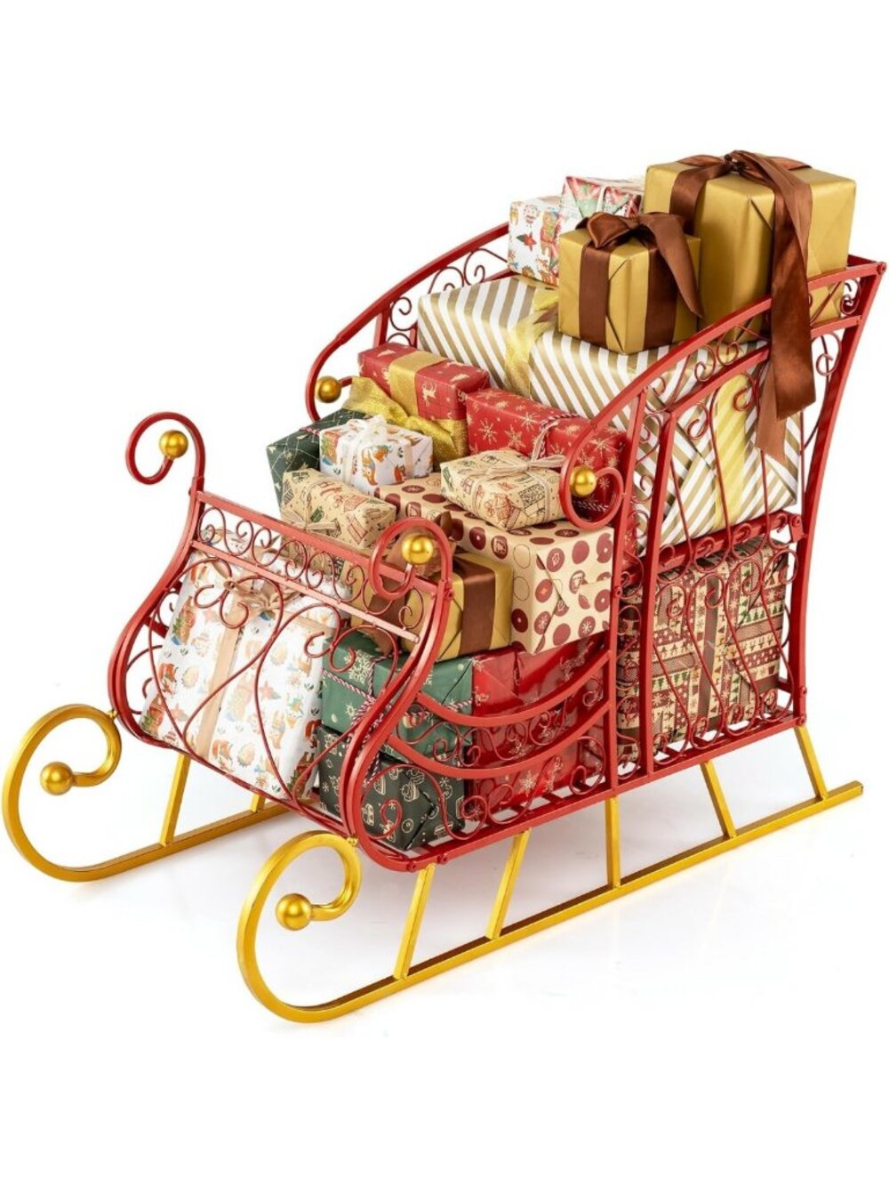 Moccha Metal Christmas Santa Sleigh Basket - Red Xmas Santa Gift Sleigh with